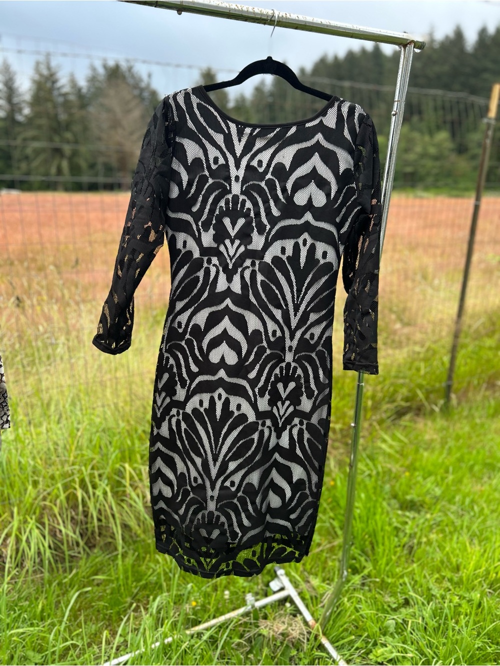 Elegant Black and White Lace Sheath Dress w/Sheer Sleeves.